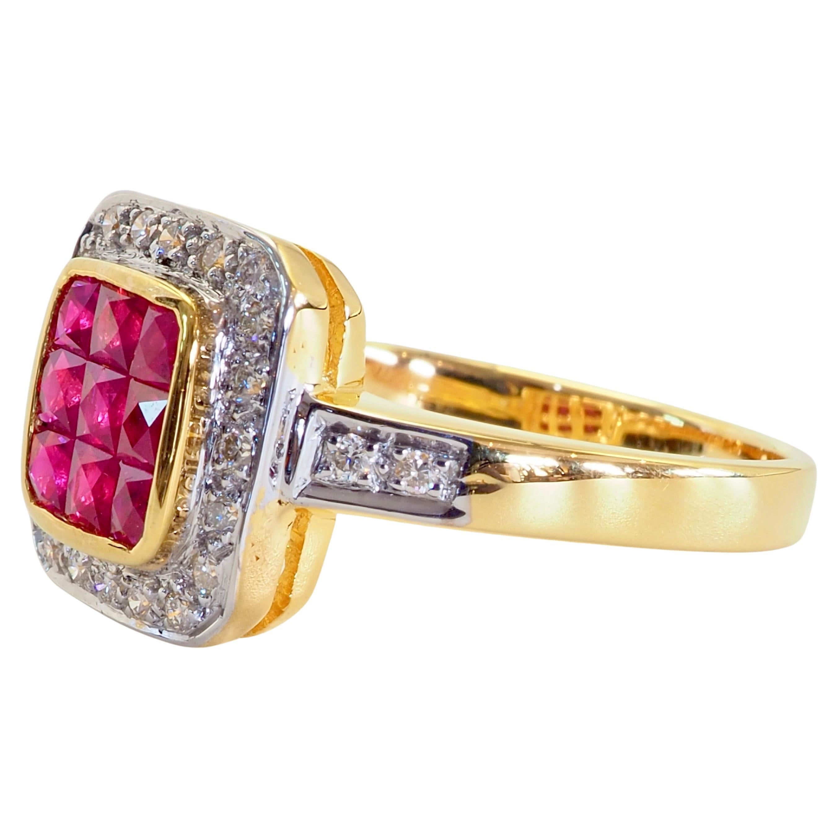 Fine contemporary and precious fashion ring in a contemporary invisible abstract halo design. 9 pieces of Very clean and saturated color square cut rubies and surrounded by brilliant and decent size diamonds. 

Product Details:

Metal: 18k Solid