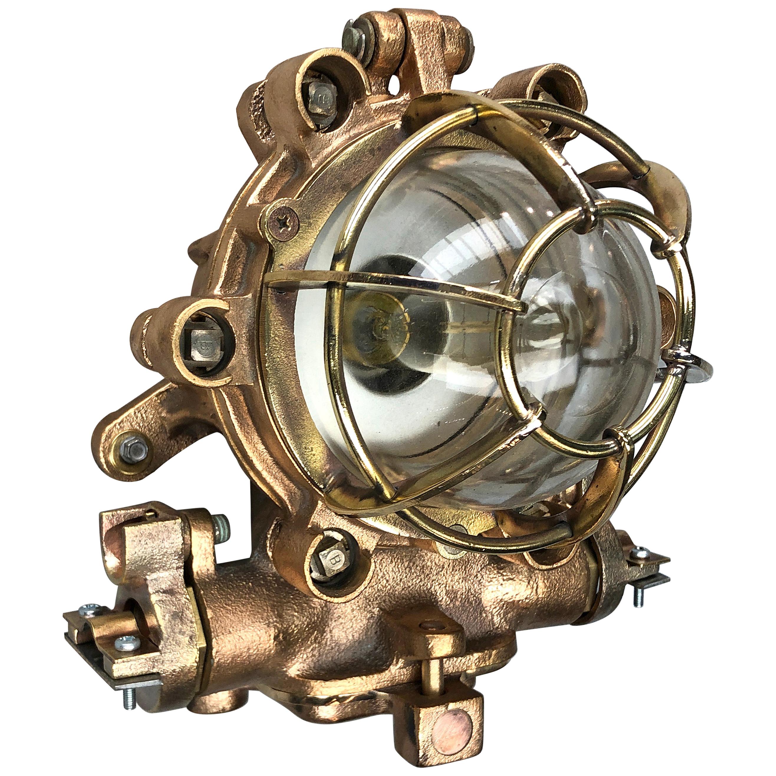 1990s Japanese Cast Bronze, Brass and Glass Explosion Proof Wall Light with Cage