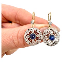 Antique 18ct Gold & Platinum, Edwardian Cabochon Sapphire and Diamond Earrings