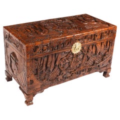 Antique Chinese Carved Camphor wood Trunk Coffer 20th Century