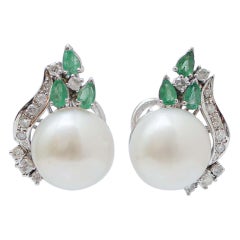 South-Sea Pearls, Emeralds, Diamonds, 14 Karat White Gold Earrings.
