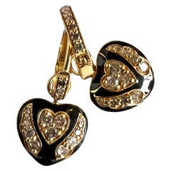 White Diamond  Heart Hoop Earrings Black Enamel