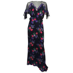 1930s Black Mesh Flower Print Dress