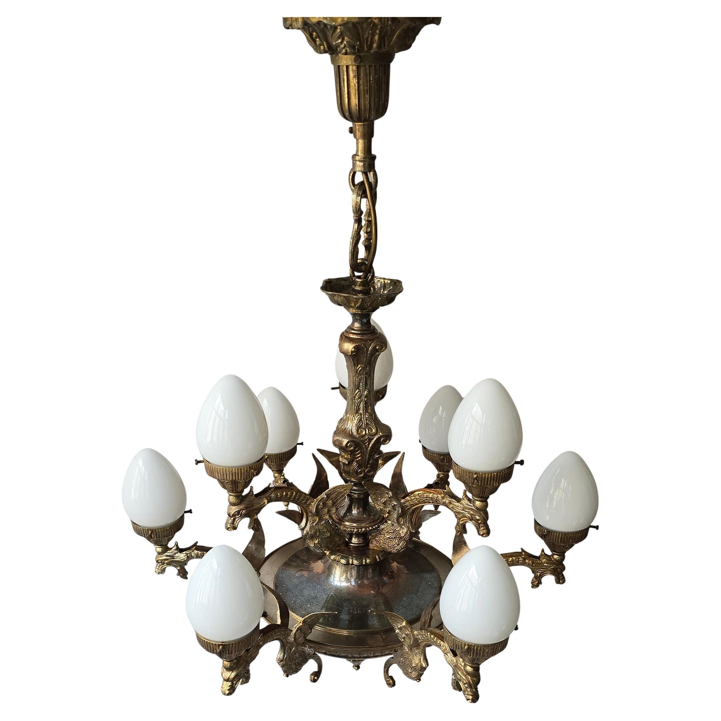 Mid-Century Modern Chandelier with Dragons and Opaline Glass For Sale