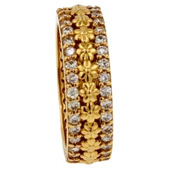Diamond Flower Nature Plant Eternity Wedding Band Pave 18 Karat Yellow Gold Ring