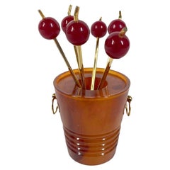 Art Deco Cocktail Pick Set, Faux Tortoiseshell Flowerpot Holder and 6 Picks