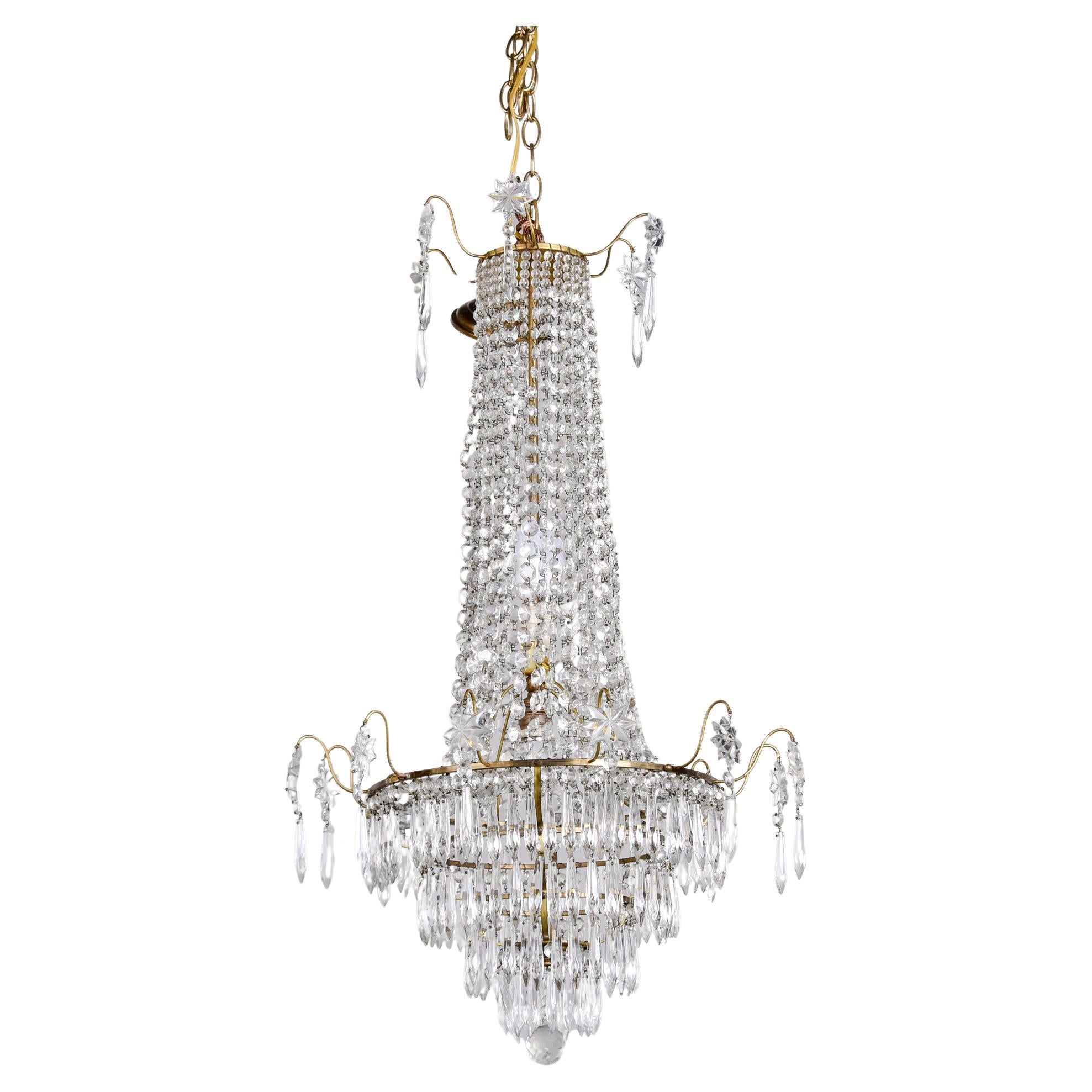 Early 20th C Tall Swedish All Crystal Cascading Chandelier
