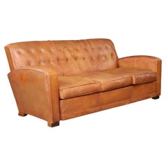 French Art Deco Patinated Leather Lounge Sofa, France, 1930s