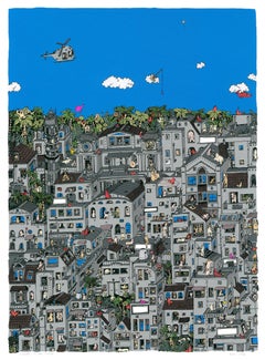 Fishing in the Clouds, fantastical jungle inspired cityscape by Guillaume Cornet