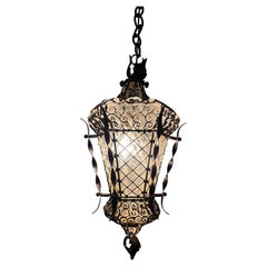 Italian Murano Blown Glass Wrought Iron Lantern Chandelier Rare c 1900