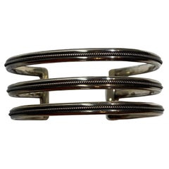 Large Detailed Three-Band Sterling Silver Cuff with Micro Twist-Rope Bracelet