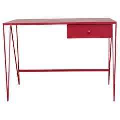Small Burgundy Study Desk with Natural Linoleum Table Top & Drawer, Customizable