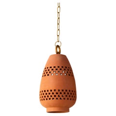 Small Terracotta Ceramic Pendant Light, Oiled Bronze, Ajedrez Atzompa Collection