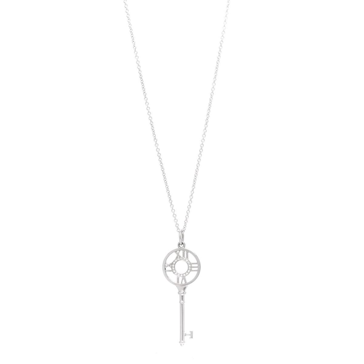 Round Cut TIFFANY & Co. Atlas 18K White Gold Diamond Key Pendant Necklace For Sale